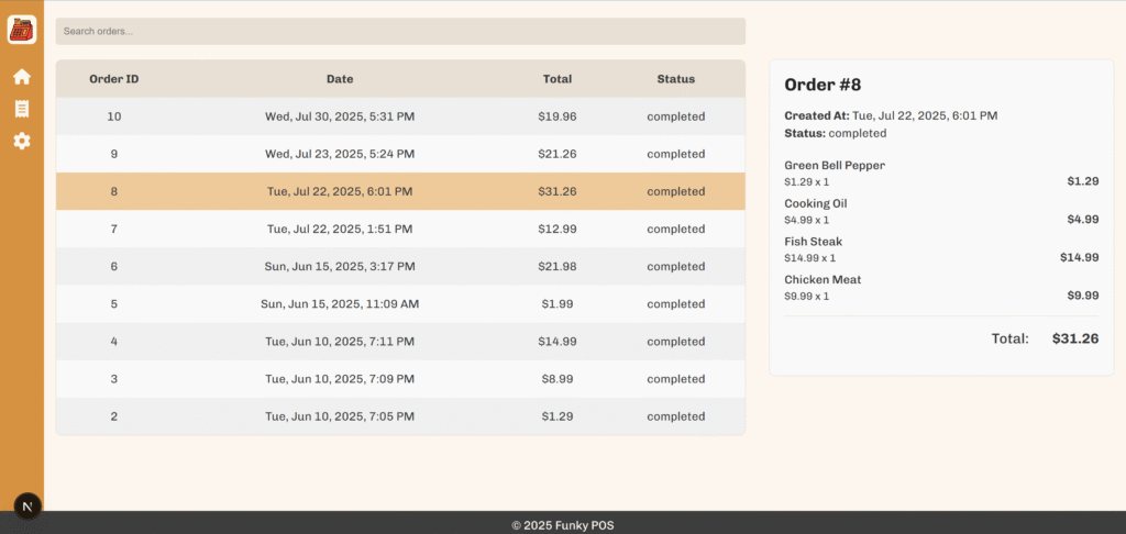 Point of Sale orders view